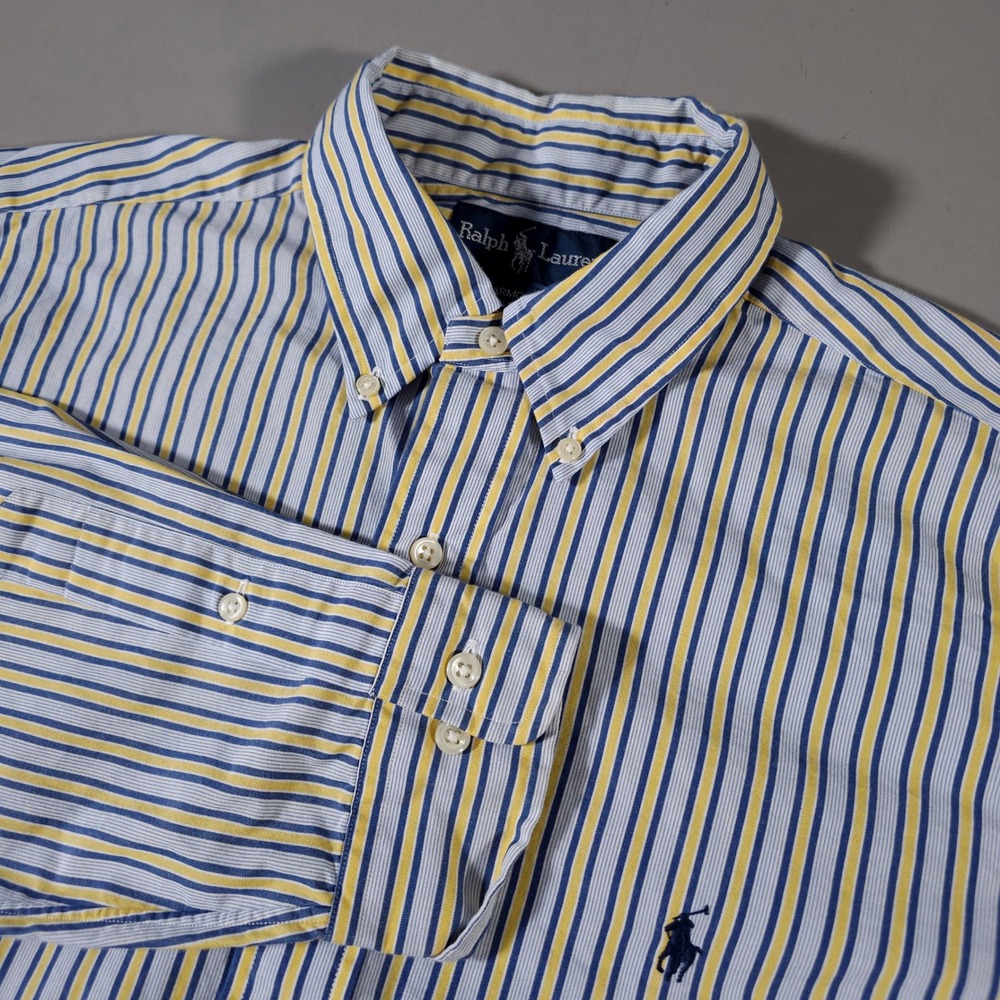 Ralph Lauren Button Down Shirt Mens 16 34/35 Blue Yellow Striped Yarmouth Cotton